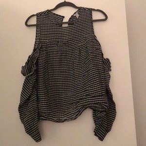 Gingham black and white cold shoulder ruffle top
